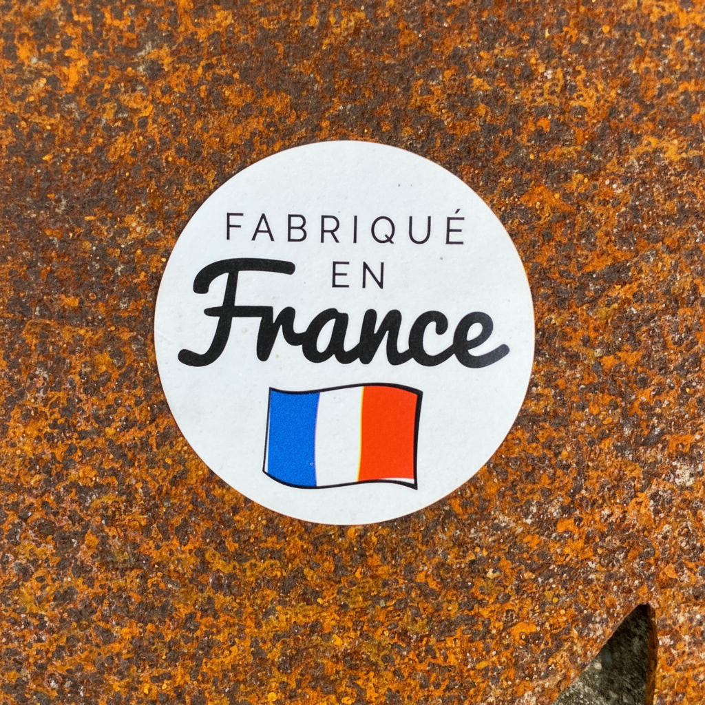 Étiquette ronde « Fabriqué en France » sur surface rouillée, avec drapeau tricolore sous le texte.