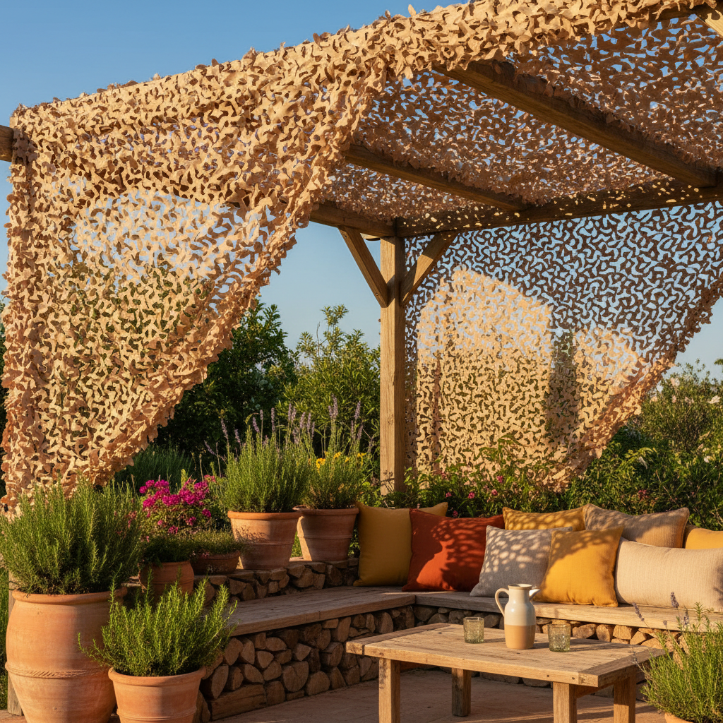 Filet de camouflage sable plié sur une pergola en bois, projeté sur un coin salon extérieur avec coussins colorés et plantes en pots.