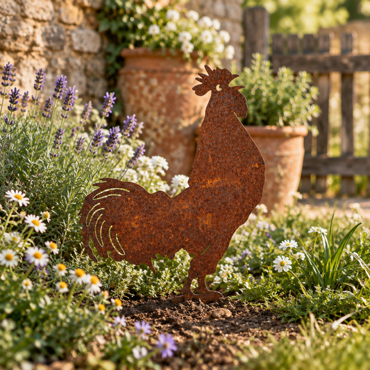 Silhouette de coq Les Artisans du Jardin en acier brut rouillé, décoration de jardin champêtre à planter
