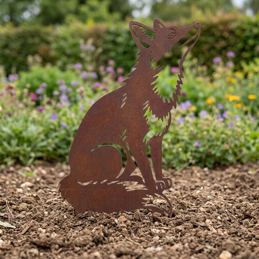 Silhouette de renard hurlant en acier brut Les Artisans du Jardin, décoration de jardin en métal avec patine rouille