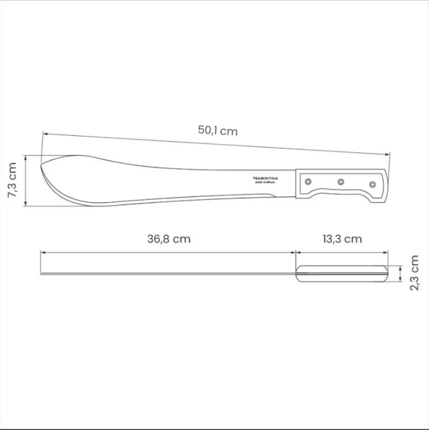 Machette de Jardinage Tramontina avec lame de 36 cm et manche en bois, dimension générale de 50,1 cm; lame courbe et manche vissé, logo “TRAMONTINA MADE IN BRAZIL”.