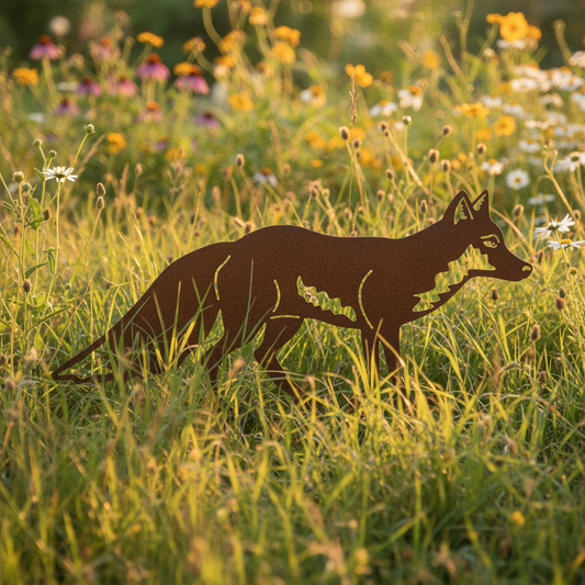 Silhouette de renard en métal, couché dans l’herbe d’un pré fleuri au coucher du soleil, avec le nom Silhouette renard à l’affût.
