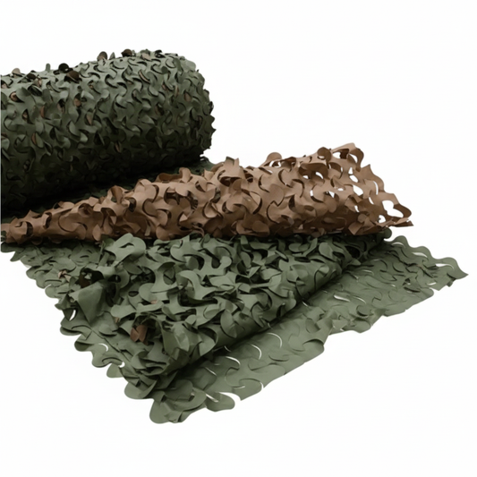 Filet de camouflage Forêt – CamoJardin® en motif filet à mailles, disponibles au mètre en vert kaki, marron et vert olive.