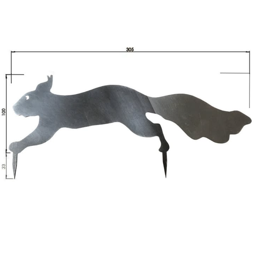 Silhouette de jardin écureuil grimpant en métal, dimensions approximatives 305 cm sur 100 cm, with tips pointus sur les pattes et queue ondulée.