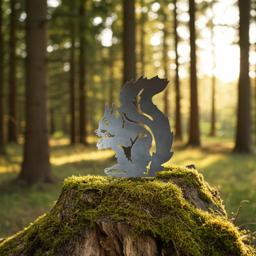Silhouette de jardin écureuil métallique sur un tronc mossy en forêt au coucher du soleil.