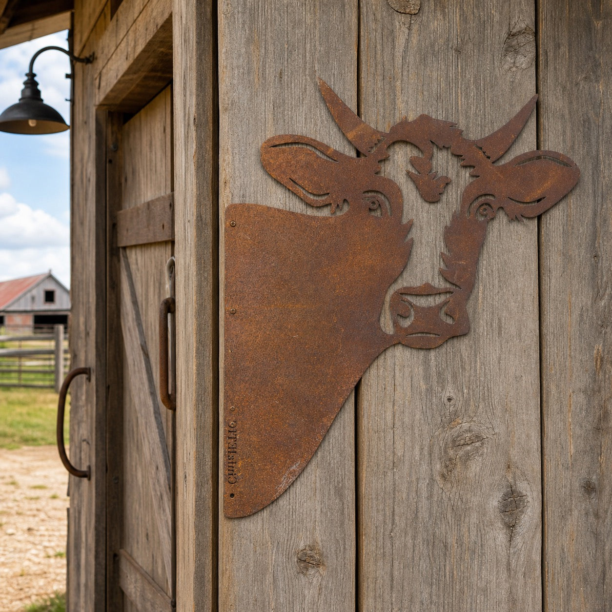 Face de vache en ferronerie rustique fixée sur une porte en bois d’un abri, décor métallique oxydé. Silhouette têtE de vache.