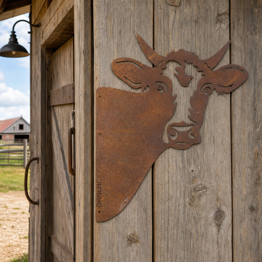Face de vache en ferronerie rustique fixée sur une porte en bois d’un abri, décor métallique oxydé. Silhouette têtE de vache.