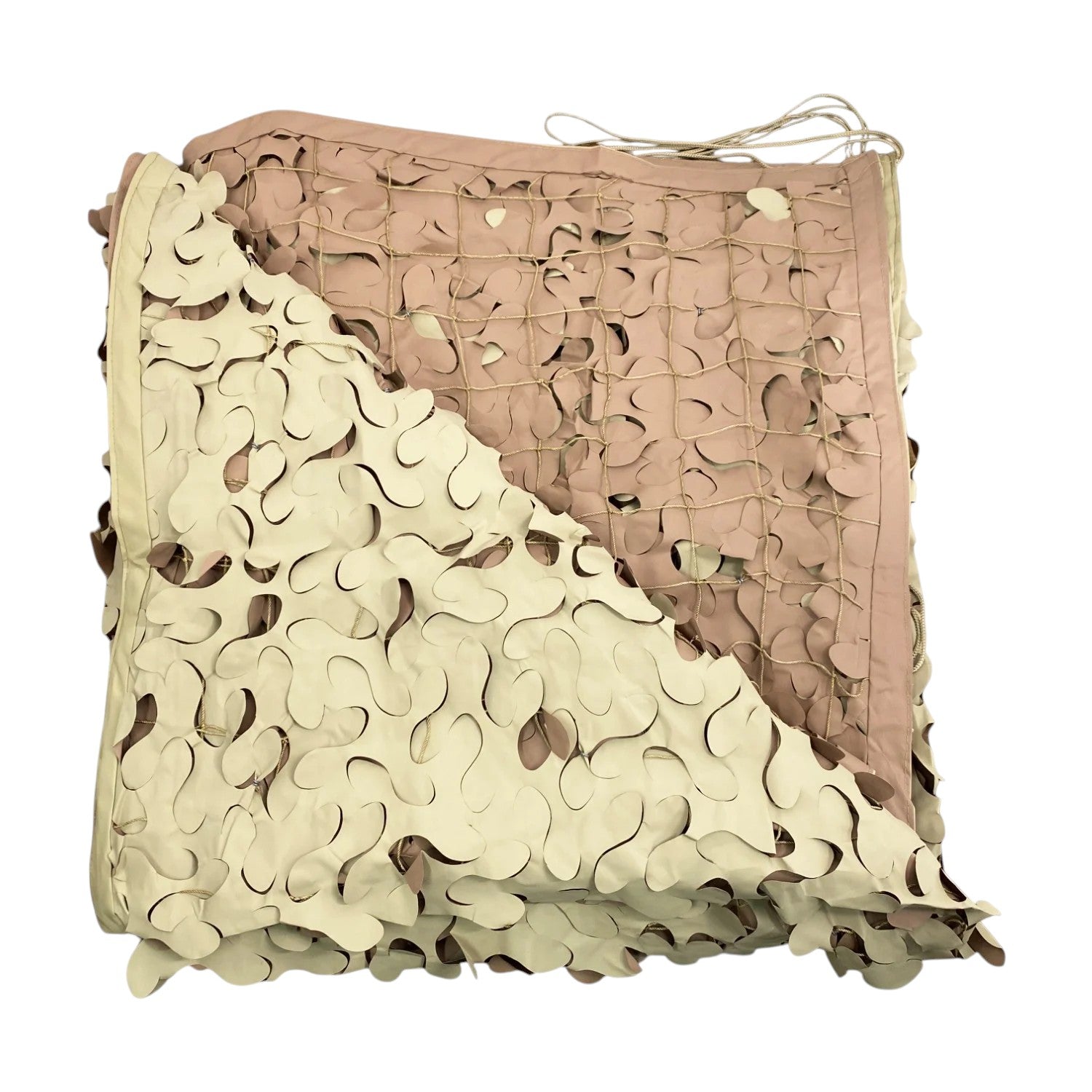 Filet de camouflage CamoJardin® S-Cut – Désert Sable, filet camouflage en teintes sable et beige avec motifs en forme de petites pièces.