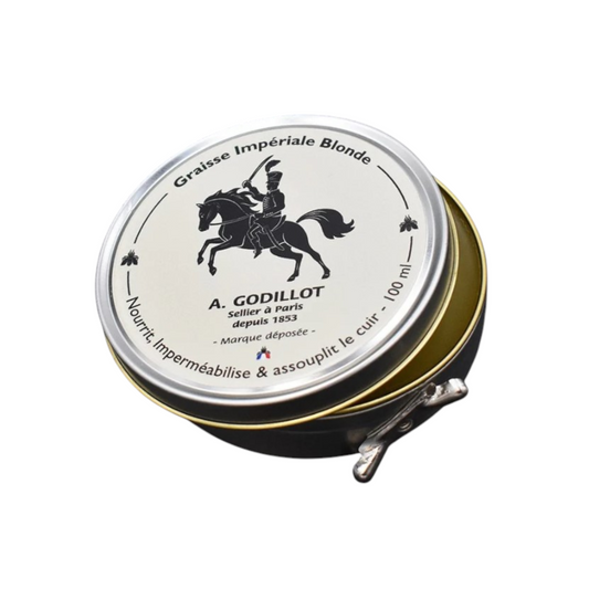 Graisse Impériale A. Godillot Incolore – petit pot en acier avec couvercle argenté, logo chevalier et texte descriptif sur la peau et l’entretien du cuir.