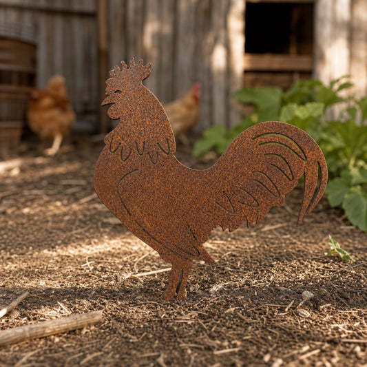 Silhouette de coq en métal rouillé plantée dans la terre d’un jardin, avec une ferme et des poules en arrière-plan.