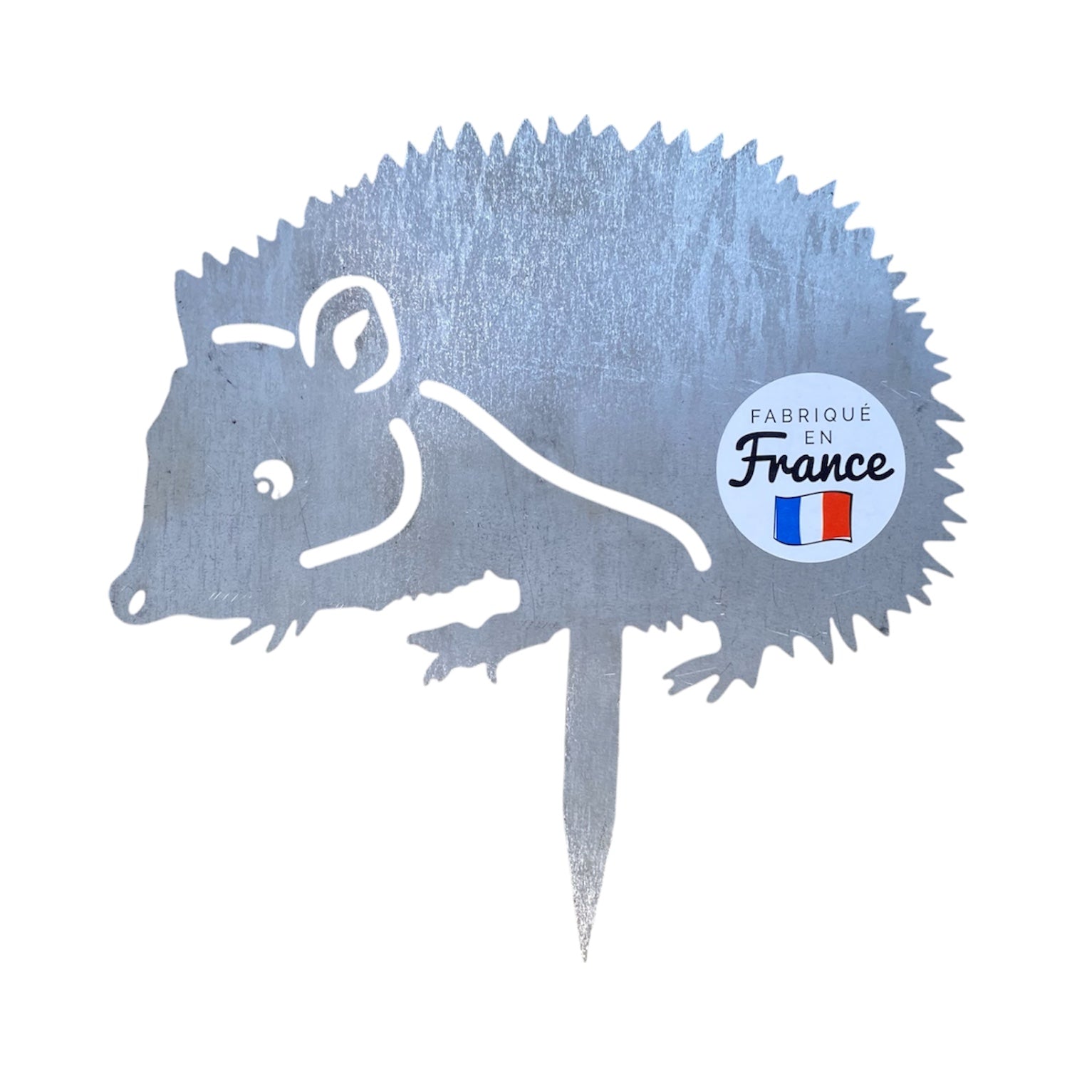 Silhouette de jardin hérisson en métal bleu, avec étiquette « Fabriqué en France ».