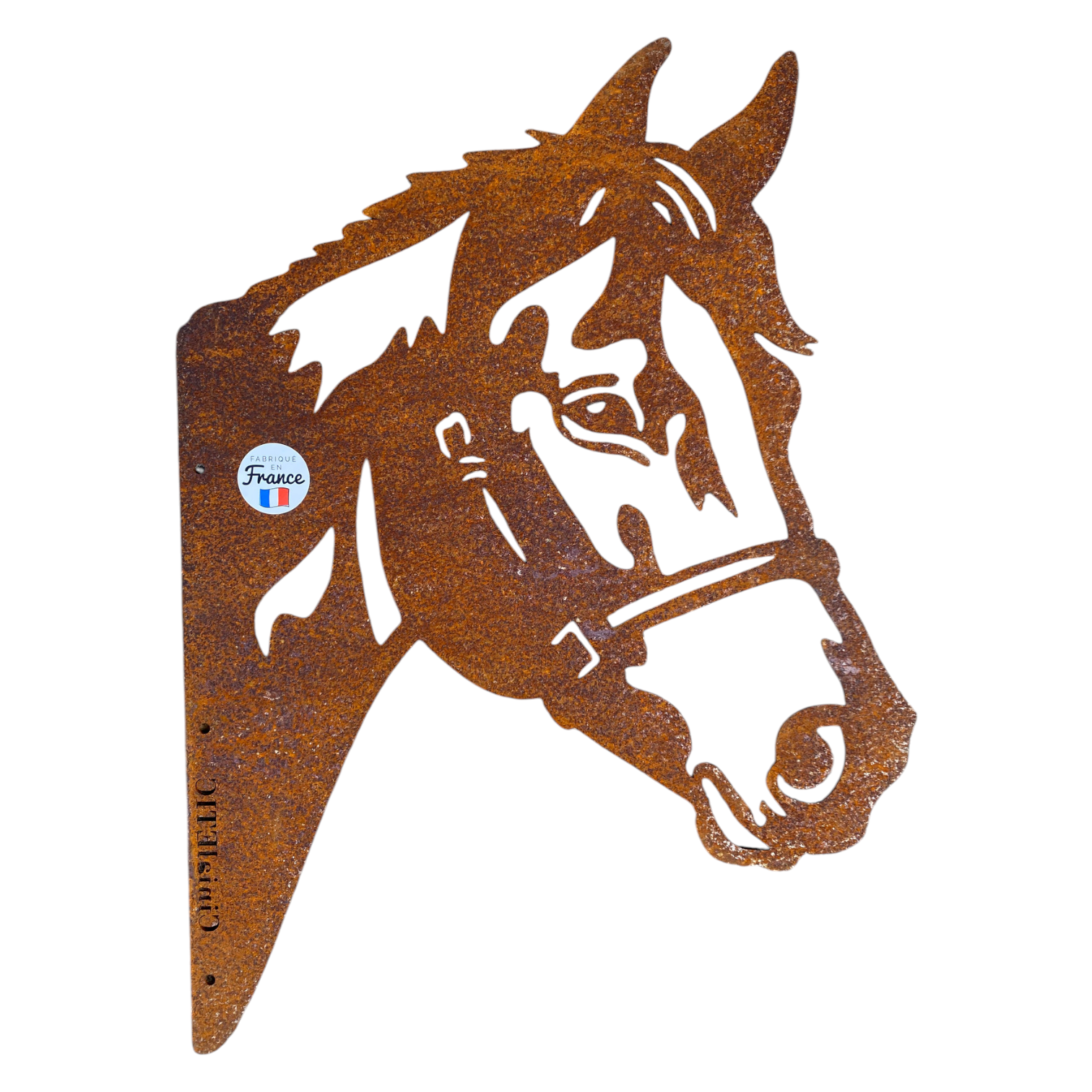 Silhouette en métal rouillé représentant une tête de cheval, vue de profil, avec étiquette « Fabriqué en France ».