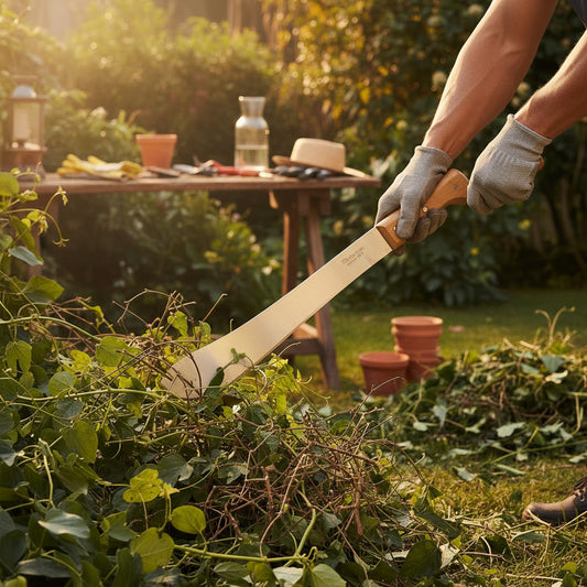 Homme utilisant une machette de jardinage Tramontina avec lame 36 cm et manche bois pour couper des broussailles dans le jardin.