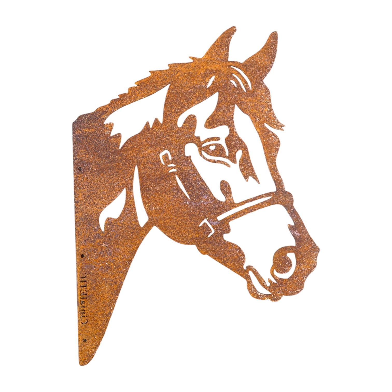 Silhouette tête de cheval en métal rouillé, décor mural décoratif rustique.