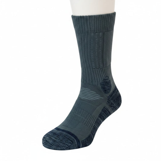 Pack 2 Saisons – Chaussettes Jardin & Extérieur fabriquées à Troyes, visiblement une chaussette longue bleu gris à motifs techniques.