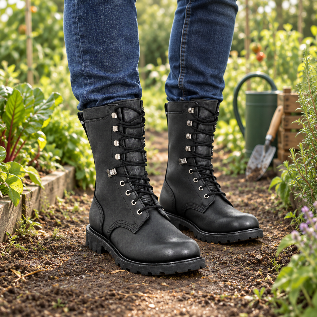 Chaussures montantes mises en scène dans un potager