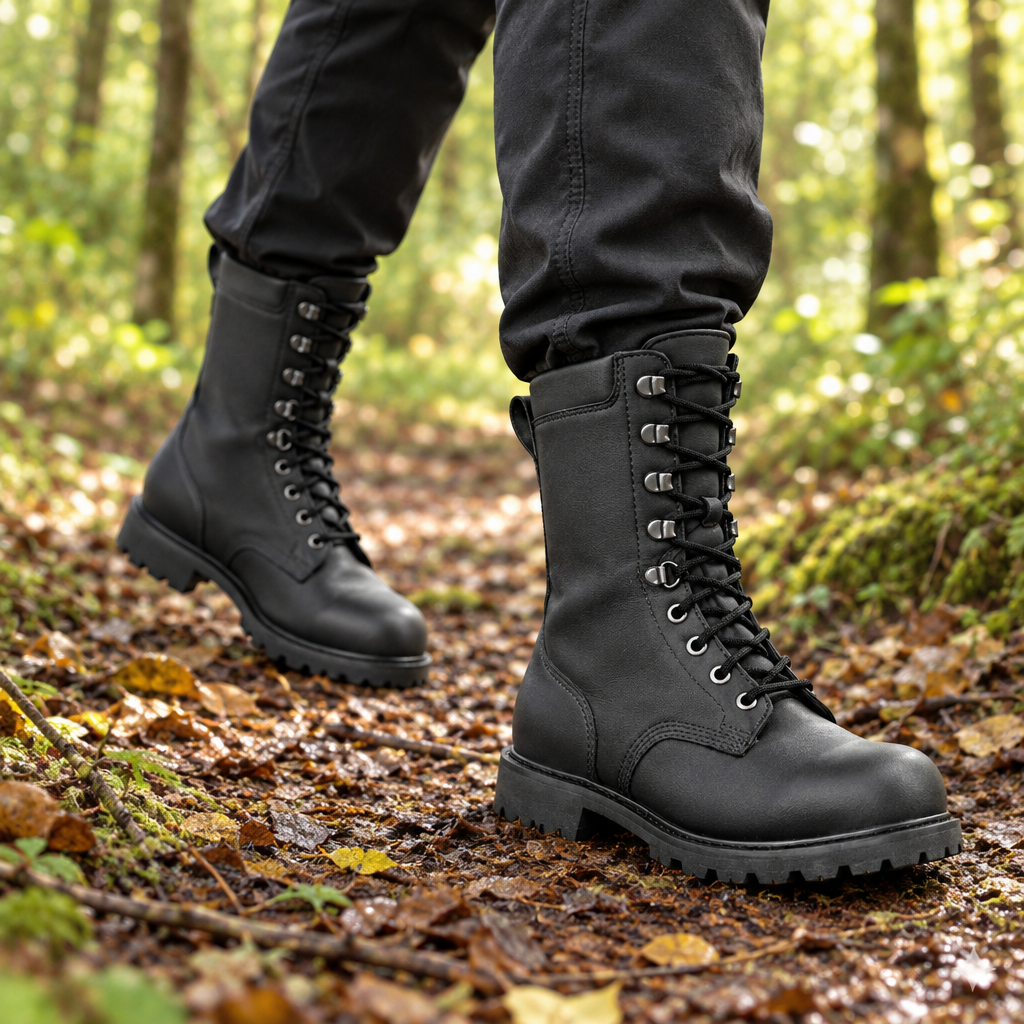 Chaussures montantes portées sur un chemin forestier
