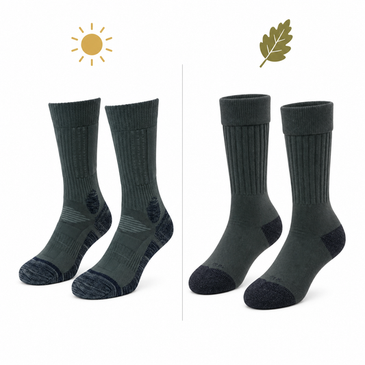 Pack 2 Saisons – Chaussettes Jardin & Extérieur fabriquées à Troyes : deux paires sombres, semelles renforcées et motifs techniques, adaptées au jardin et à l’extérieur.