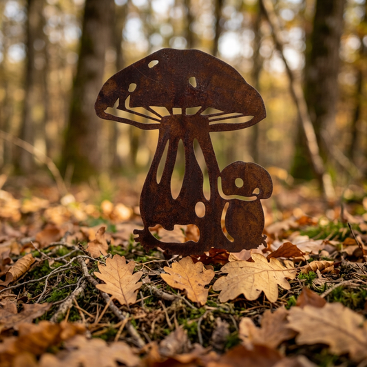 Deux cèpes en acier patiné dans un sous-bois d’automne, sans pique visible
