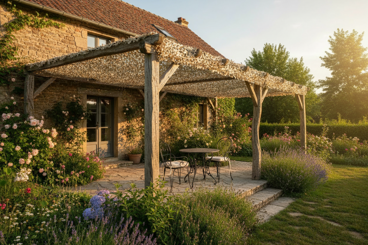Filet Camo First® S-Cut avec salon de jardin en fer forgé
