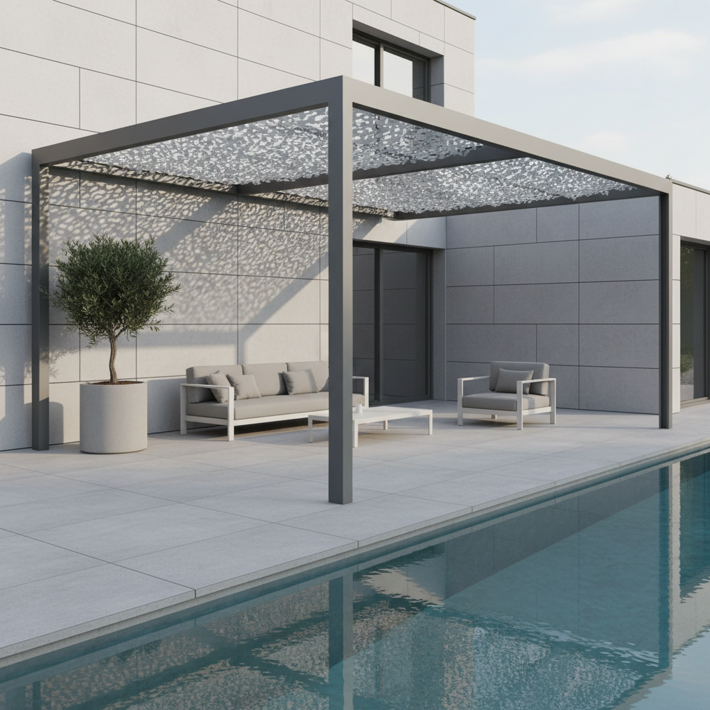 Filet de Camouflage Blanc/Gris – CamoJardin® installé au mètre, structure pergola moderne au bord de la piscine avec salon extérieur.