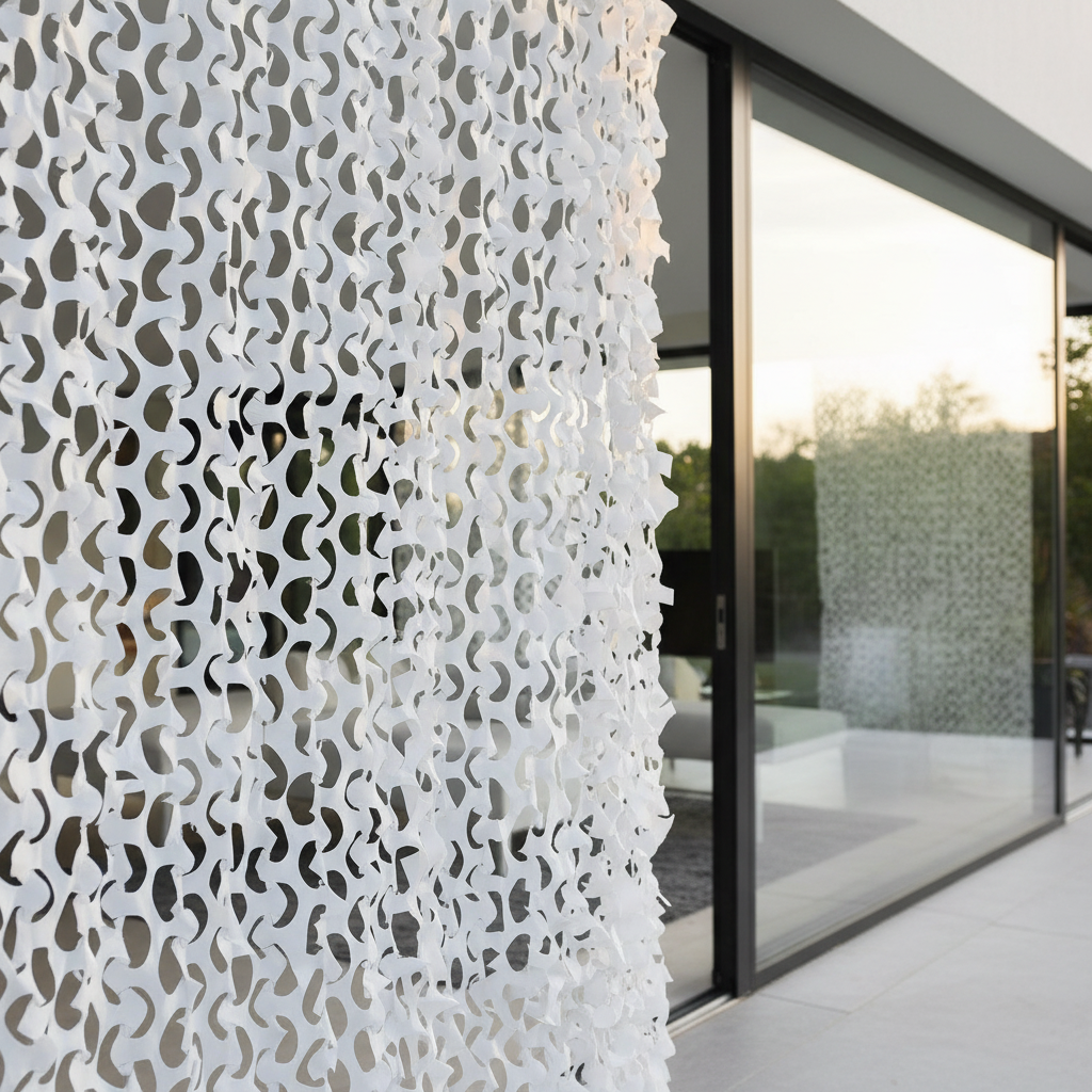 Filet de camouflage blanc/gris en motif bouclé, installé sur une façade vitrée moderne au style camouflage décoratif.