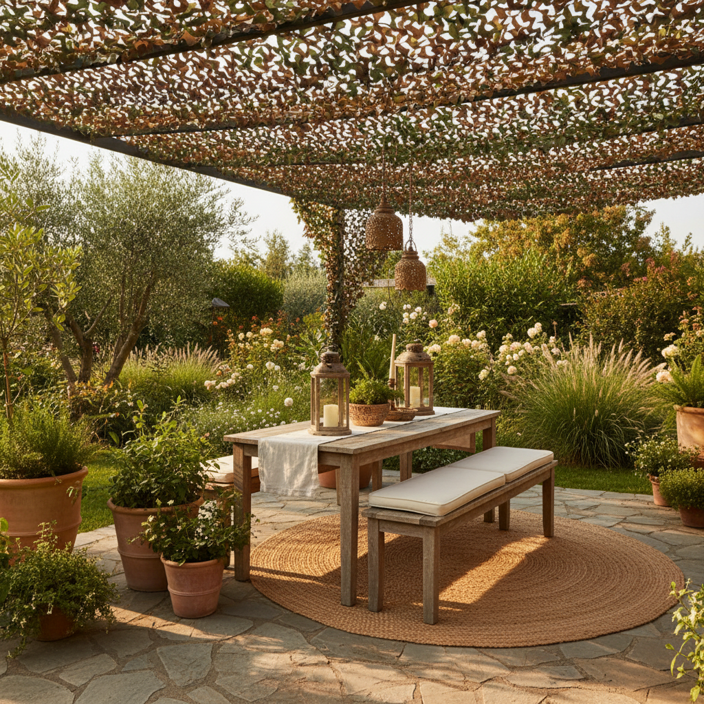 Table extérieure en bois sous filet de camouflage, jardin fleuri, nappe et lanternes décoratives.