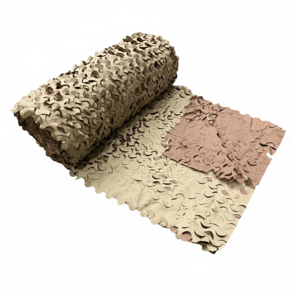 Rouleau de Filet de Camouflage Sable – CamoJardin® | Au mètre, tissu camouflage en maillons beige et sable posé à plat et partiellement déroulé
