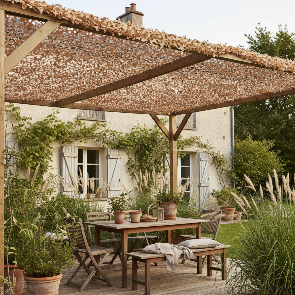 Filet camouflage sable voile d'ombrage pergola maison de campagne