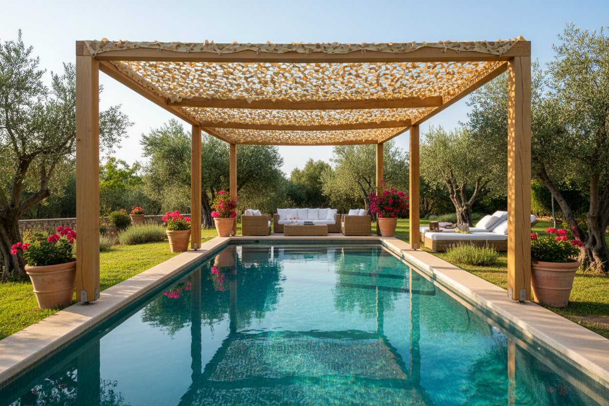Dalleux jardin avec pergola en bois et voile camouflage Désert Sable surplombant une piscine rectangulaire, fauteuils et pots de fleurs.