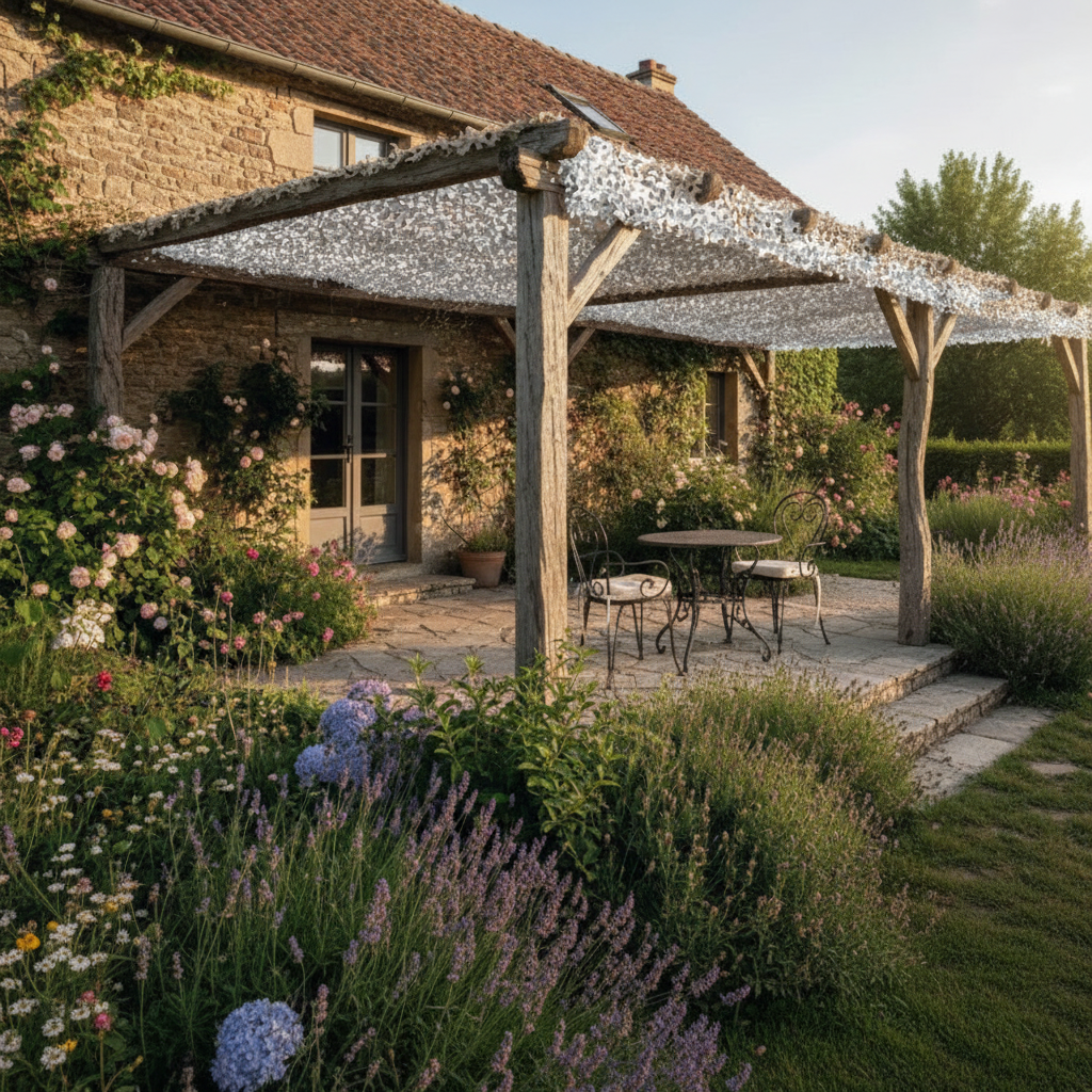 Terrain de jardin fleuri devant une maison en pierre avec terrasse ombragée par une pergola en bois et voile camouflage blanc Snow.