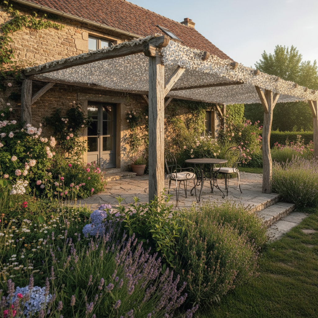 Façade d'une maison en pierre avec terrasse ombragée par un voile camouflage, jardin lavender et roses entourant un mobilier métallique. boucle évoque le Filet de camouflage CamoJardin® S-Cut – Désert Sable.