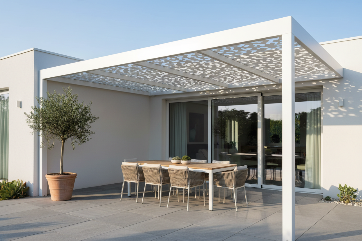 Table jardin moderne sous une pergola blanche, terrasse avec table et chaises, façade vitrée et végétation autour. Filet de camouflage intégré peut ne pas être visible.