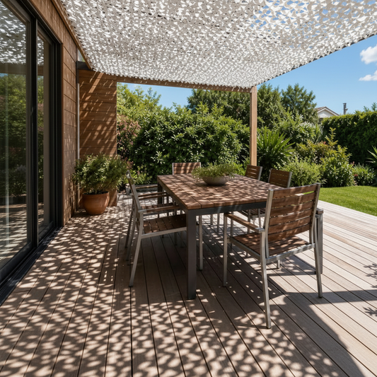 Filet S-cut blanc sur pergola contemporaine - carré