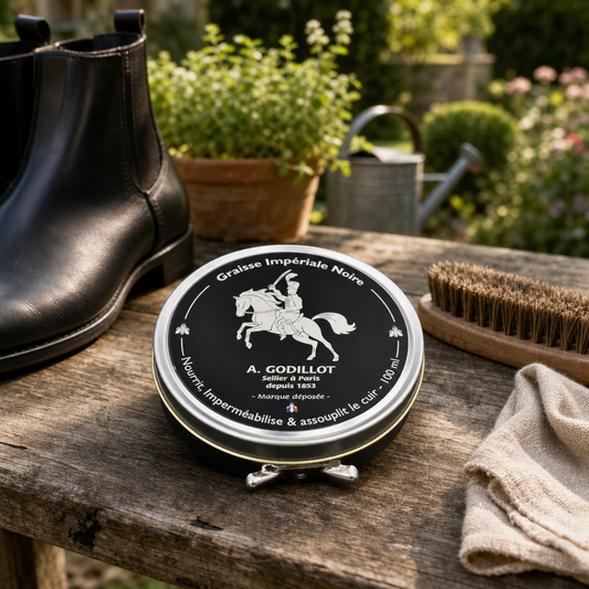 Graisse Imperiale Noire A. Godillot en pot posé sur une table en bois, près d’une brosse et d’une boot noire, évoquant l’entretien du cuir. Fabrication française.
