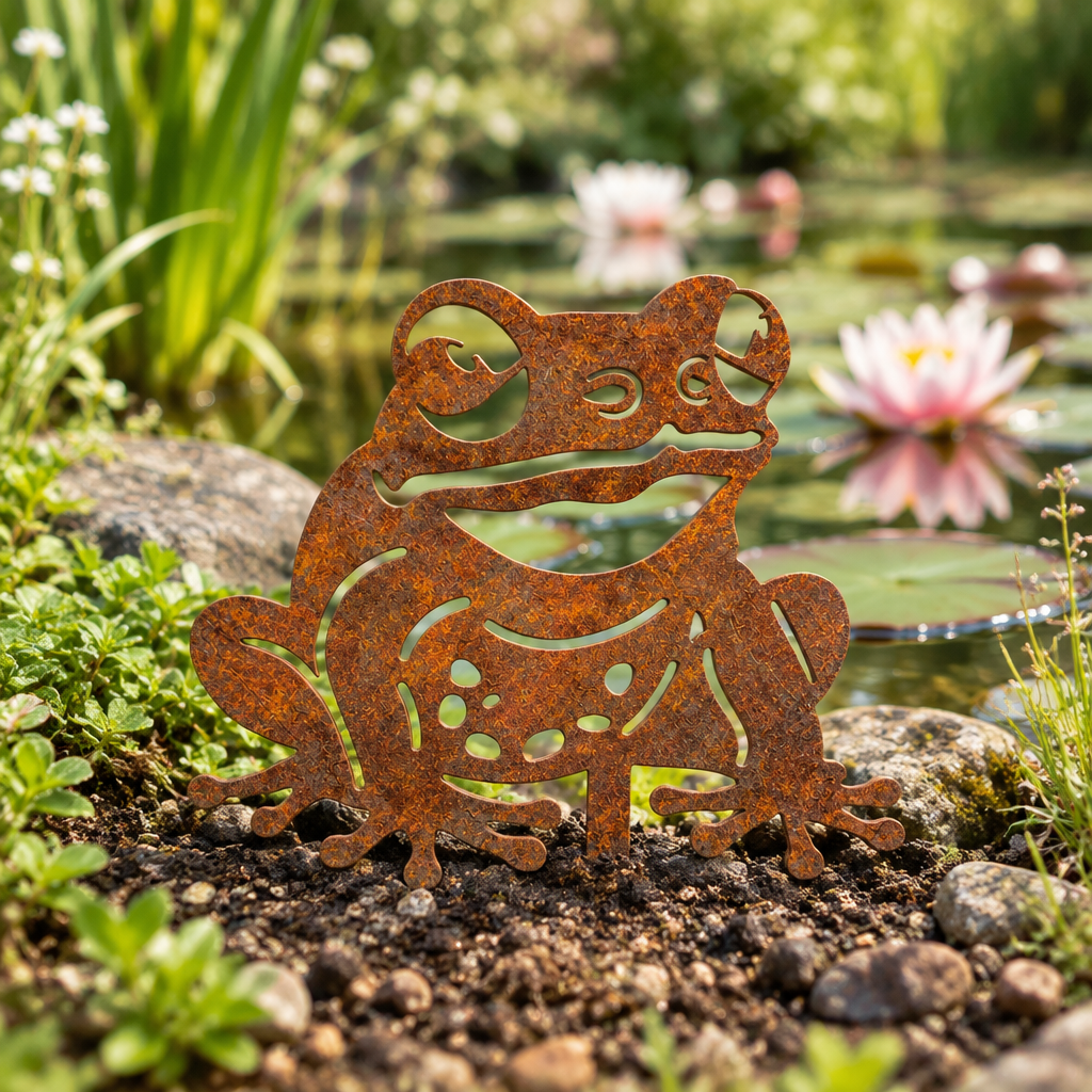 Grenouille rouillée au bord d’un bassin, sans pique visible