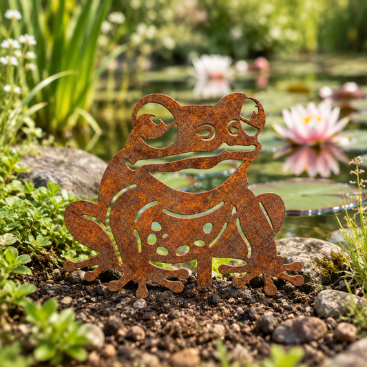 Grenouille rouillée au bord d’un bassin, sans pique visible