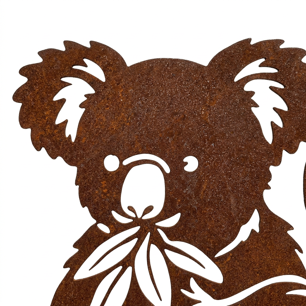 Gros plan du visage et des oreilles du koala en métal