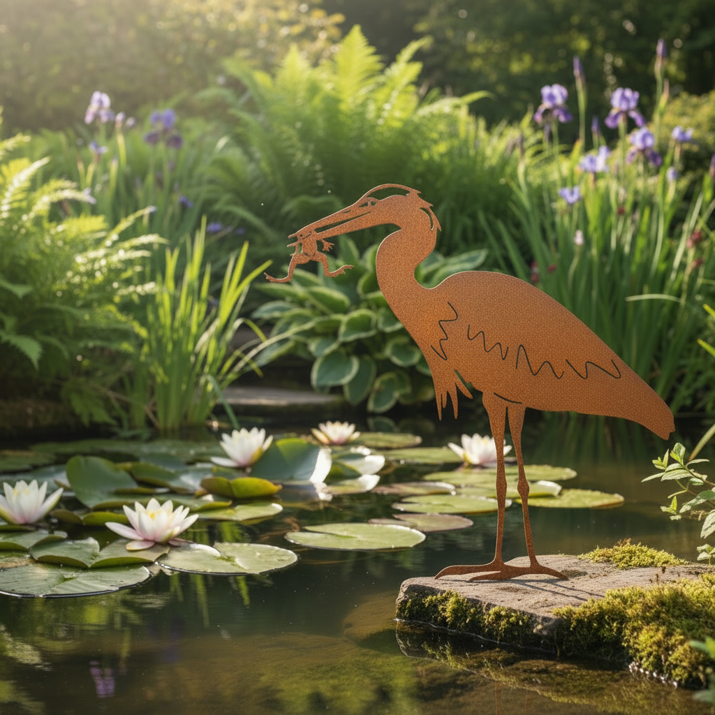 Héron décoratif au bord d'un étang - format carré