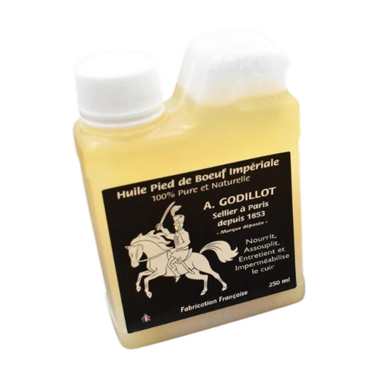 Huile Pied de Boeuf Impériale A. Godillot – flacon jaune clair 250 ml, étiquette noire et illustration chevalier.
