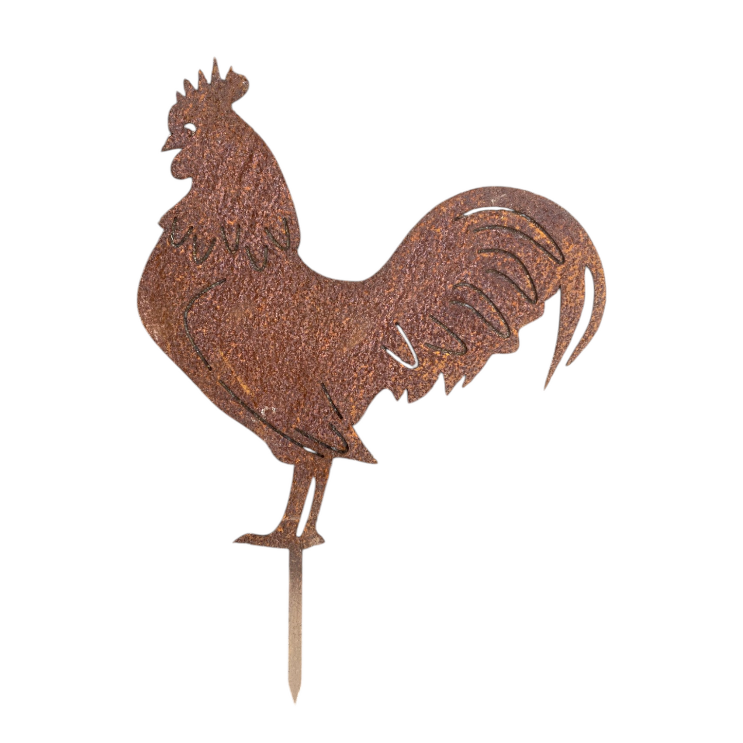 Silhouette de coq en métal rustique, forme découpe légère sur tige, motif animal décoratif en couleur bronze.
