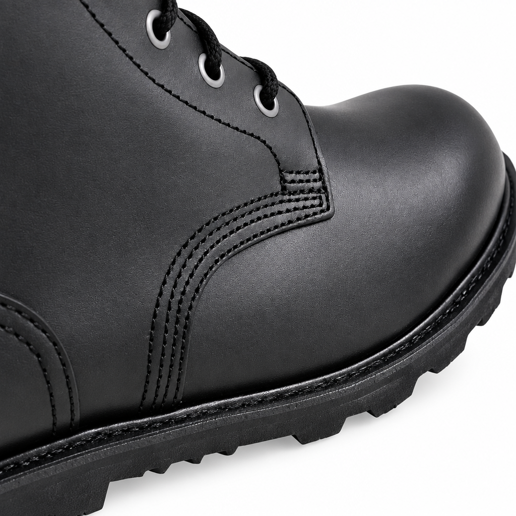 Détail des coutures des chaussures montantes en cuir noir