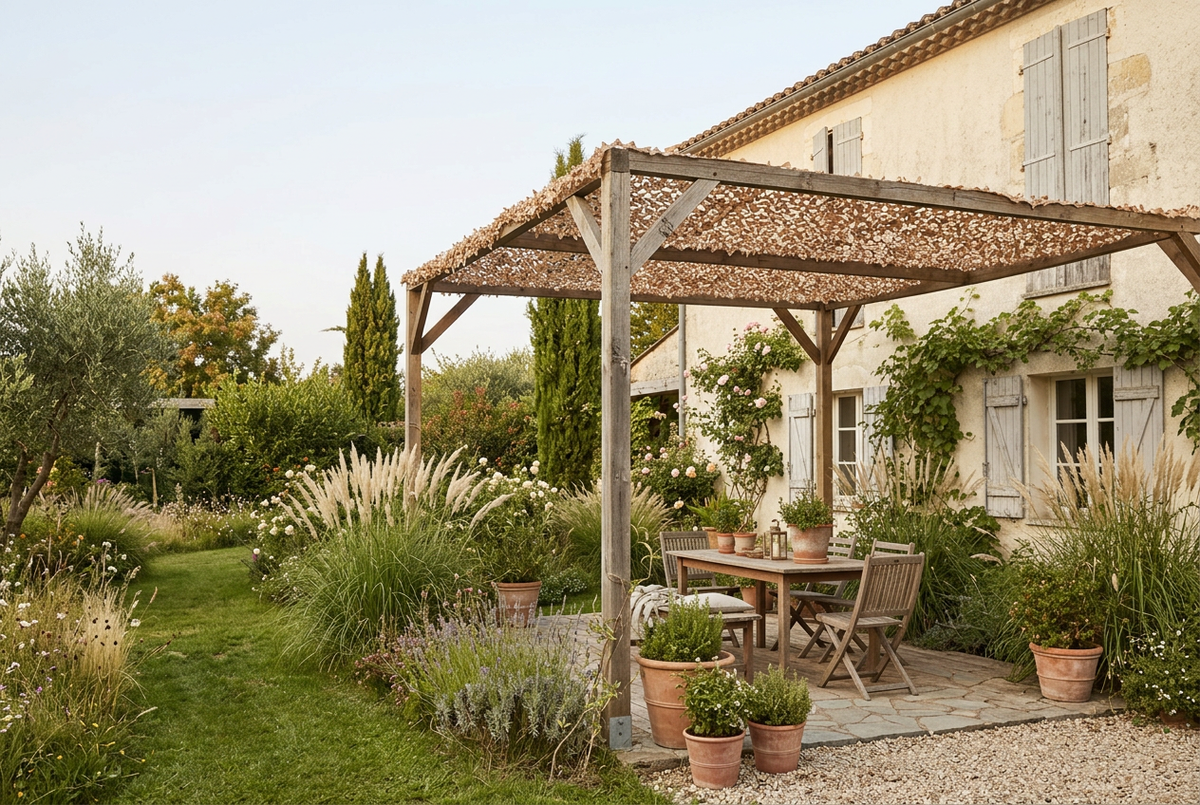 Jardin champêtre avec une pergola adossée à une maison de campagne et couverte d’un filet désert couleur sable