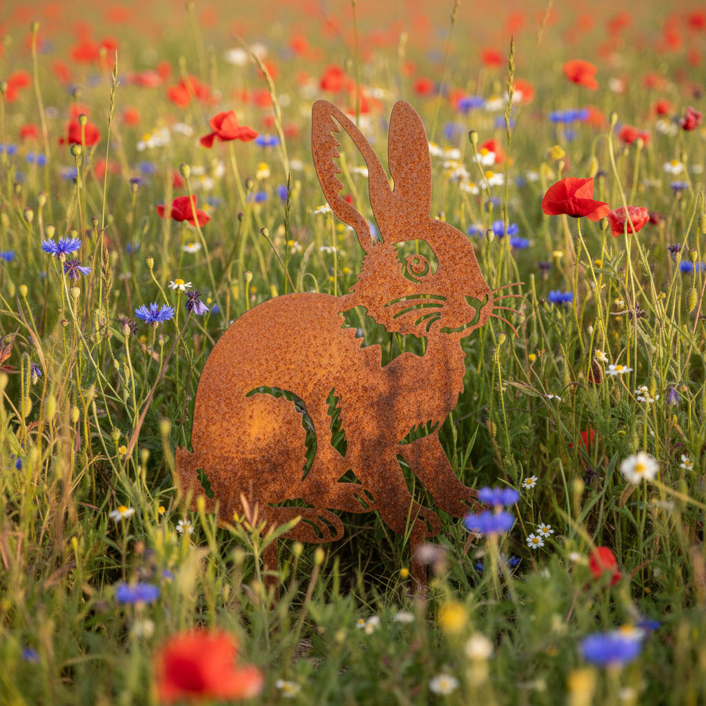 Lapin métal dans champ fleuri - piques cachés