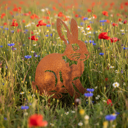 Lapin métal dans champ fleuri - piques cachés