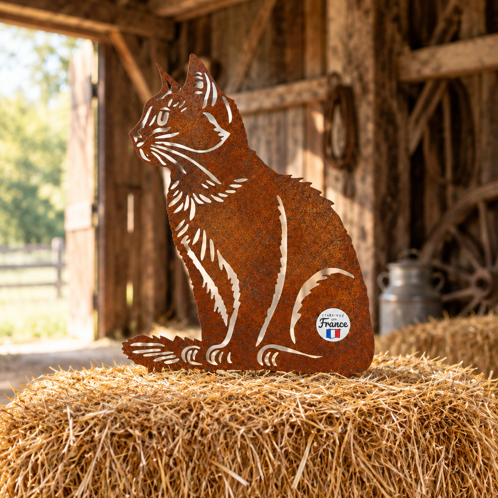Silhouette de chat assis en acier rouillé Les Artisans du Jardin posée sur une botte de paille dans une grange
