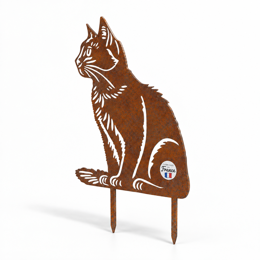 Silhouette de chat assis en acier brut Les Artisans du Jardin, décoration de jardin découpée au laser en France