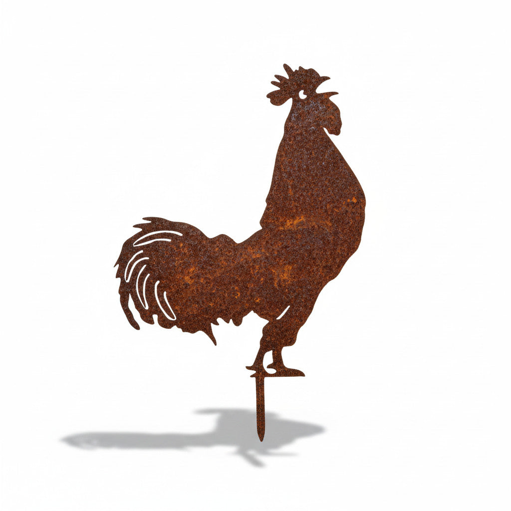Silhouette de coq Les Artisans du Jardin en acier brut patiné, décoration de jardin champêtre découpée au laser