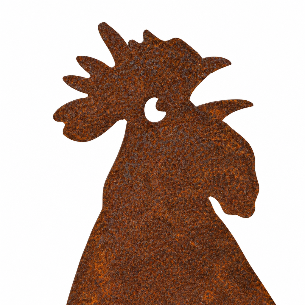 Gros plan sur la tête d'une silhouette de coq Les Artisans du Jardin en acier brut avec une patine rouille naturelle