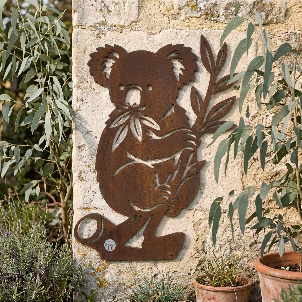 Silhouette de koala en acier brut Les Artisans du Jardin fixée sur un mur en pierre, décoration de jardin française